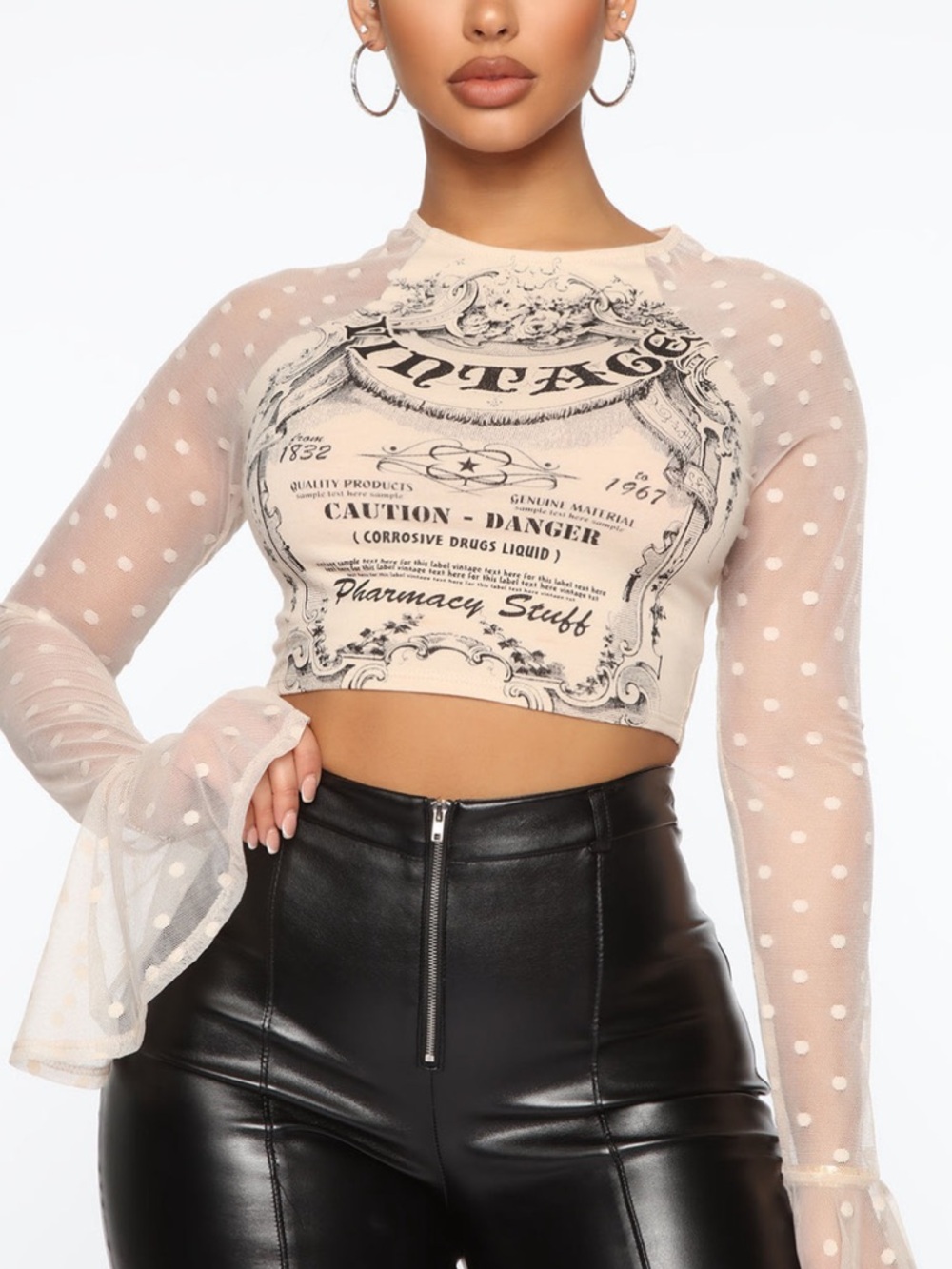 Fashion Nova Taupe Polka Dot Mesh Crop Top with Printed Front